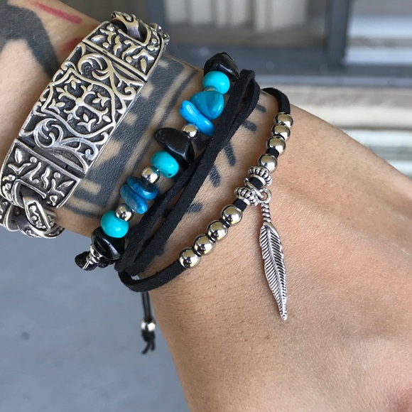 Genuine gemstones Boho adjustable bracelets set - Picture 3 of 8